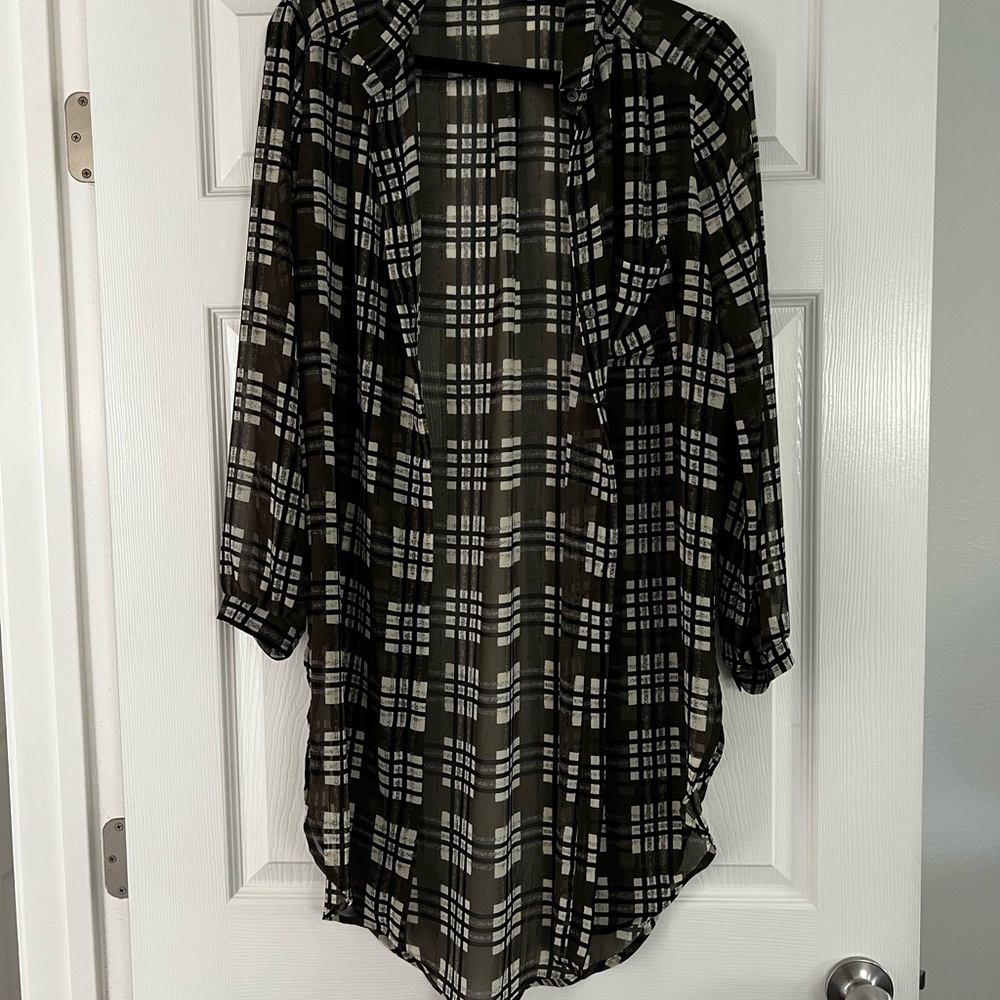 Green, Black and White Plaid Sheer Blouse